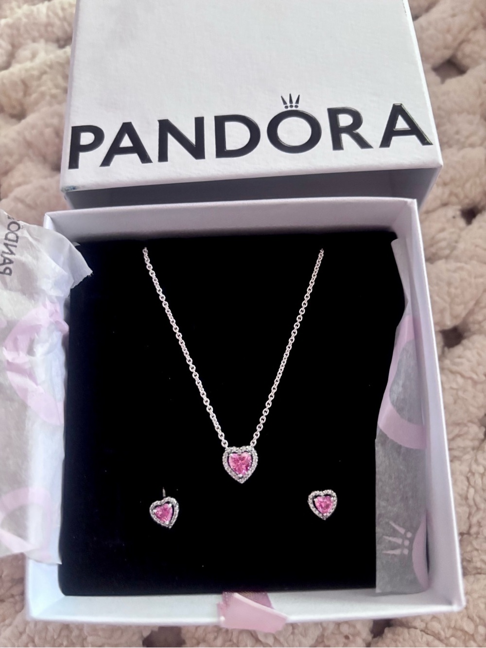 Pandora ~ New in Box, Pink Heart Necklace and Earrings Set